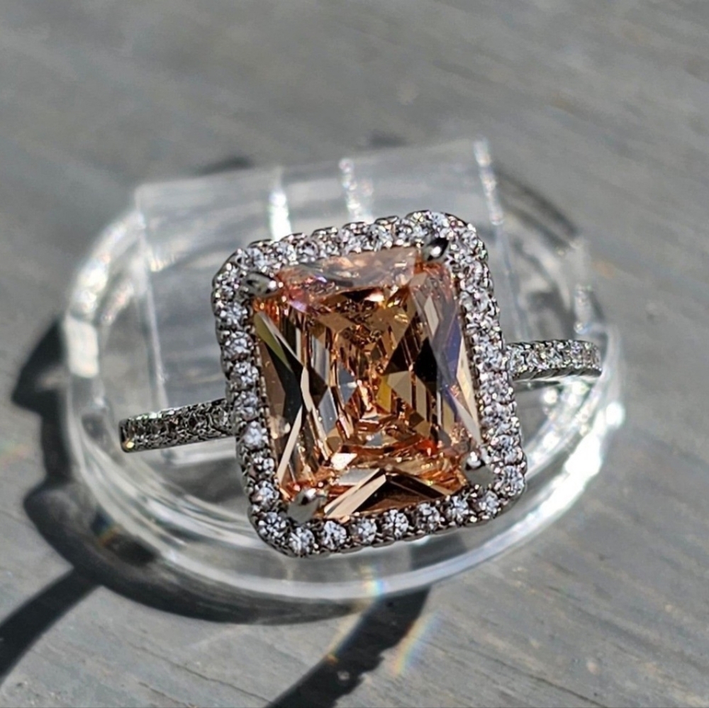 4.29CTW Classic Emerald Cut Morganite 3/4 Halo size 7